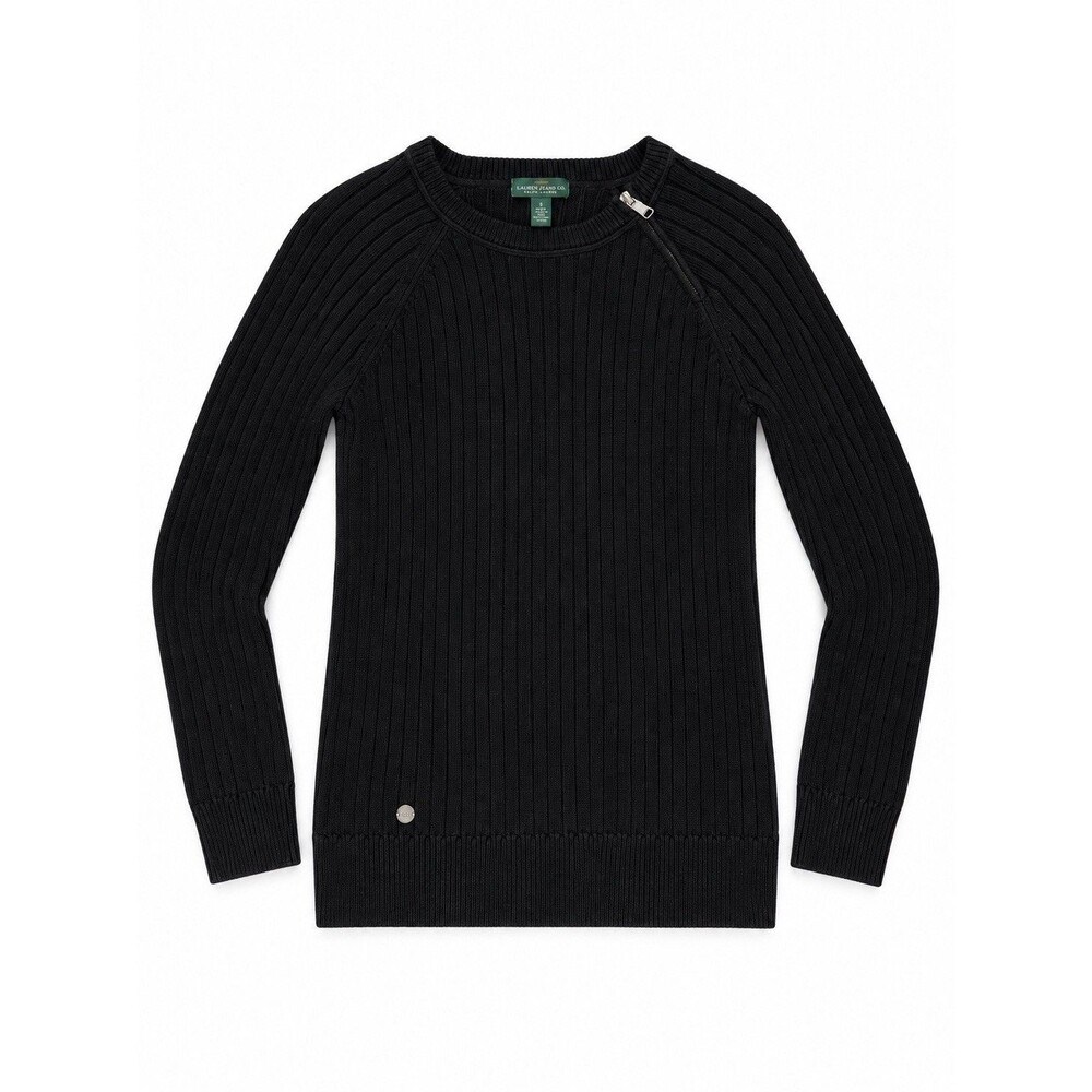 LRL Ralph Lauren Black Ribbed Cotton Shoulder Zip Y2K Sweater S